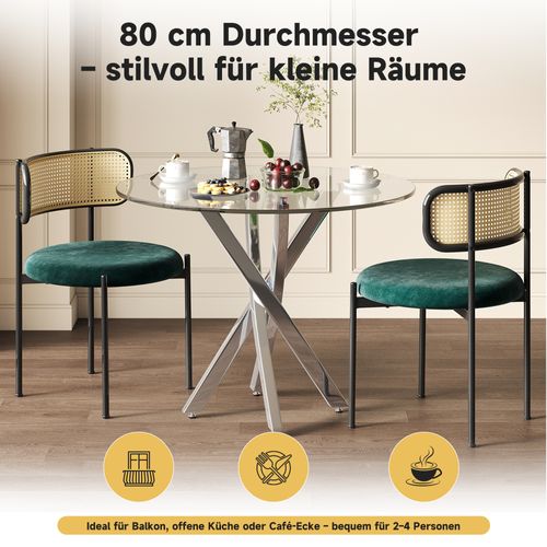 Ensemble Table à Manger 80x80 Cm En Verre Trempé Avec 2 Chaises Vertes Et Pieds Argentés