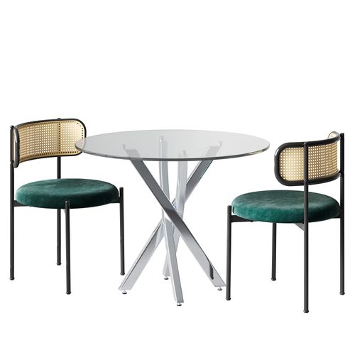 Ensemble Table à Manger 80x80 Cm En Verre Trempé Avec 2 Chaises Vertes Et Pieds Argentés
