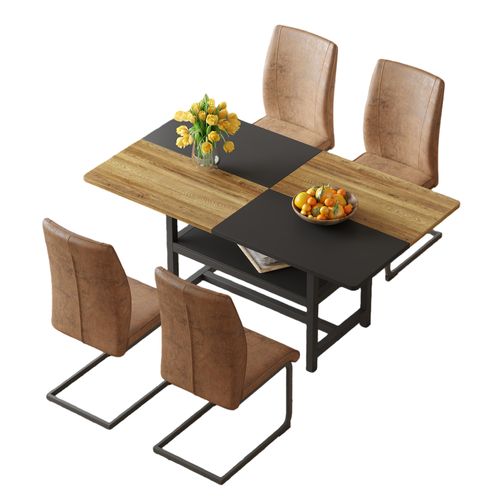 Ensemble Table Rectangulaire 160 Cm Avec Étagère Intégrée Et 4 Chaises En Tissu Tech