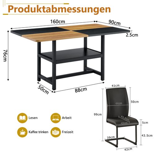 Ensemble Table Rectangulaire 160 Cm Avec Étagère Et 4 Chaises En Simili Cuir Noir