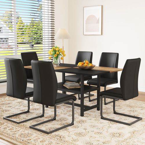 Ensemble Table Rectangulaire 160 Cm Avec Étagère Et 4 Chaises En Simili Cuir Noir