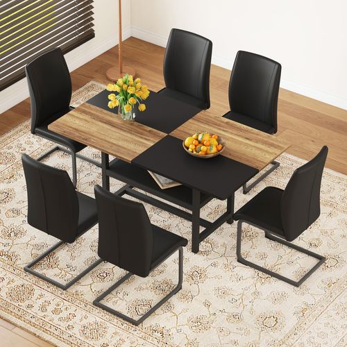 Ensemble Table Rectangulaire 160 Cm Avec Étagère Et 4 Chaises En Simili Cuir Noir