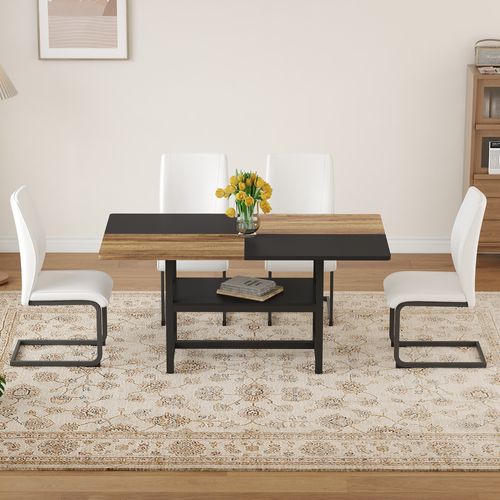 Ensemble Table Rectangulaire 160 Cm Avec Étagère Et 4 Chaises En Simili Cuir Blanc