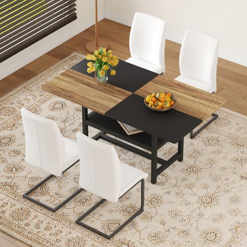 Ensemble Table Rectangulaire 160 Cm Avec Étagère Et 4 Chaises En Simili Cuir Blanc