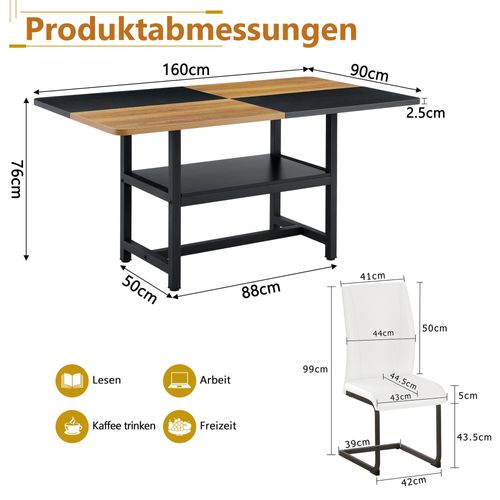 Ensemble Table Rectangulaire 160 Cm Avec Étagère Et 4 Chaises En Simili Cuir Blanc
