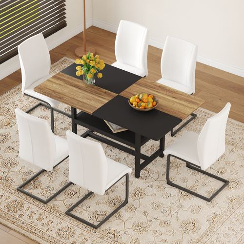 Ensemble Table Rectangulaire 160 Cm Avec Étagère Et 4 Chaises En Simili Cuir Blanc