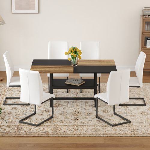Ensemble Table Rectangulaire 160 Cm Avec Étagère Et 4 Chaises En Simili Cuir Blanc
