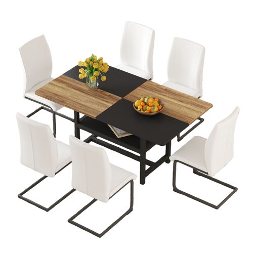 Ensemble Table Rectangulaire 160 Cm Avec Étagère Et 4 Chaises En Simili Cuir Blanc