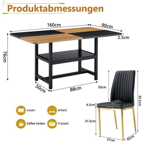 Ensemble Table Rectangulaire 160 Cm Avec 4 Chaises Noires En Pu Et Rangement Intégré