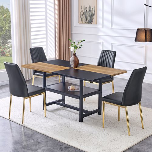 Ensemble Table Rectangulaire 160 Cm Avec 4 Chaises Noires En Pu Et Rangement Intégré