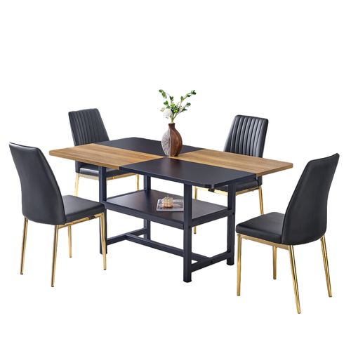 Ensemble Table Rectangulaire 160 Cm Avec 4 Chaises Noires En Pu Et Rangement Intégré