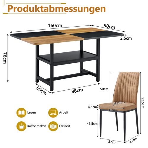 Ensemble Table Rectangulaire 160 Cm Avec 4 Chaises Brunes En Tissu High-tech Et Rangement