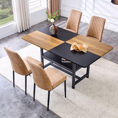 Ensemble Table Rectangulaire 160 Cm Avec 4 Chaises Brunes En Tissu High-tech Et Rangement