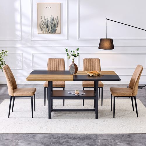 Ensemble Table Rectangulaire 160 Cm Avec 4 Chaises Brunes En Tissu High-tech Et Rangement