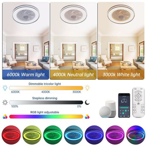 Ventilateur De Plafond Plat 19" Silencieux Avec Télécommande, Éclairage Rgb Et LED Dimmable