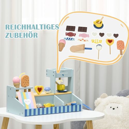Stand De Glaces En Bois Pour Enfants Avec Nombreux Accessoires, Jeu D’imitation Éducatif Bleu Clair