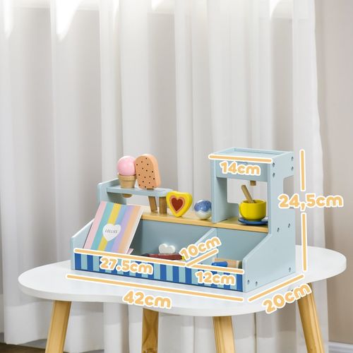 Stand De Glaces En Bois Pour Enfants Avec Nombreux Accessoires, Jeu D’imitation Éducatif Bleu Clair