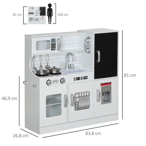 Cuisine Enfant Blanche Avec Téléphone, Tableau, Micro-ondes, Évier Et Machine à Glaces