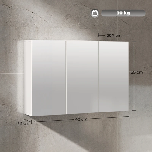 Armoire De Salle De Bain Suspendue Avec 3 Portes Miroir, Étagères Et Design Moderne Blanc