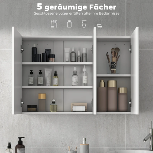 Armoire De Salle De Bain Suspendue Avec 3 Portes Miroir, Étagères Et Design Moderne Blanc