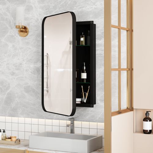 Armoire Miroir Rectangulaire Noire Encastrable Ou Murale Avec Étagères Réglables