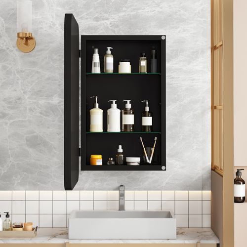 Armoire Miroir Rectangulaire Noire Encastrable Ou Murale Avec Étagères Réglables