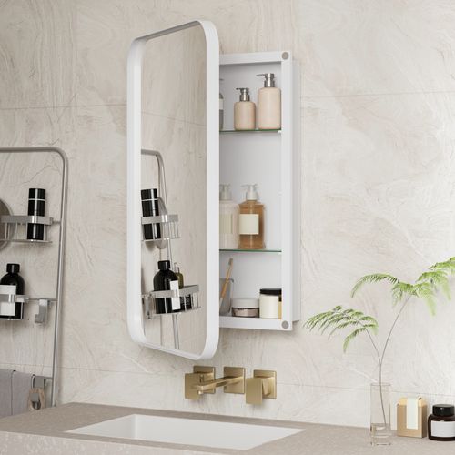 Armoire Miroir Rectangulaire Blance Encastrable Ou Murale Avec Étagères Réglables