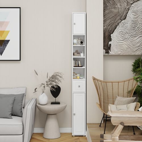 Armoire Haute Et Étroite Pour Salle De Bain 180 Cm Avec Tiroir, Portes Et Étagères Réglables