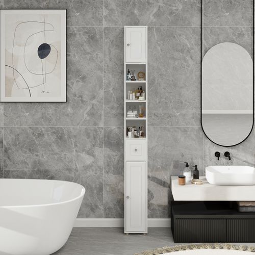 Armoire Haute Et Étroite Pour Salle De Bain 180 Cm Avec Tiroir, Portes Et Étagères Réglables