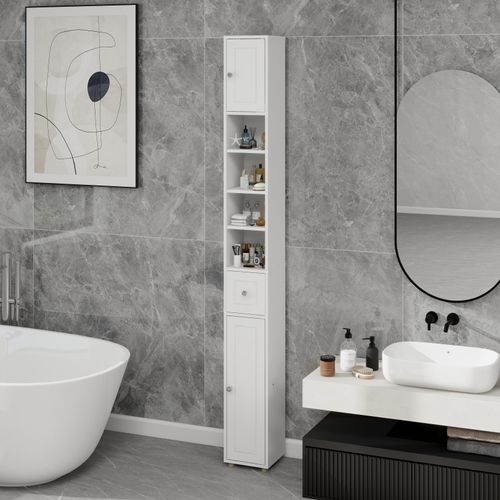 Armoire Haute Et Étroite Pour Salle De Bain 180 Cm Avec Tiroir, Portes Et Étagères Réglables