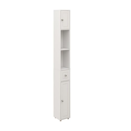 Armoire Haute Et Étroite Pour Salle De Bain 180 Cm Avec Tiroir, Portes Et Étagères Réglables