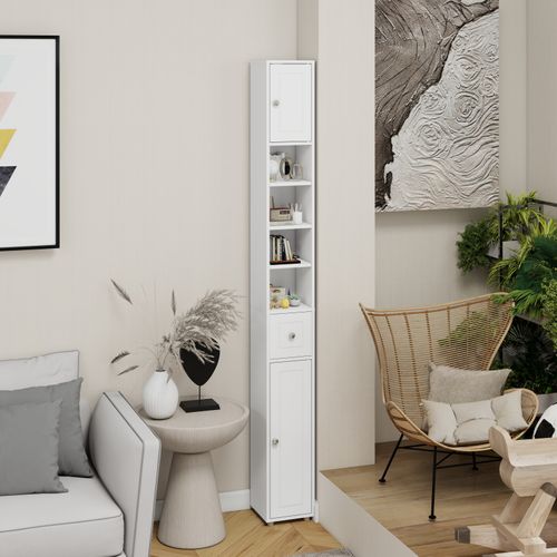 Armoire Haute Et Étroite Pour Salle De Bain 180 Cm Avec Tiroir, Portes Et Étagères Réglables