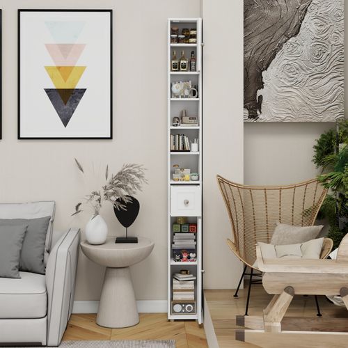 Armoire Haute Et Étroite Pour Salle De Bain 180 Cm Avec Tiroir, Portes Et Étagères Réglables
