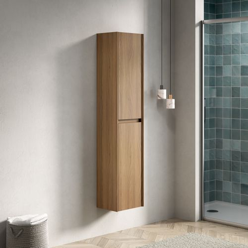 Colonne Murale Salle De Bain 140 Cm En Placage Chêne Espresso Avec 2 Portes Et Étagères Intérieures