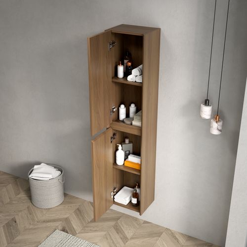 Colonne Murale Salle De Bain 140 Cm En Placage Chêne Espresso Avec 2 Portes Et Étagères Intérieures