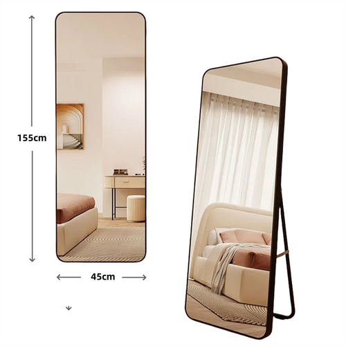 Miroir Sur Pied 45x155 Cm Noir Avec Cadre Plastique Et Verre Sécuritaire, Freestanding Ou Mural