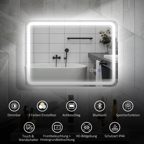 Miroir De Salle De Bain LED 50x70 Cm Avec Bluetooth, Éclairage Variable Et Anti-buée