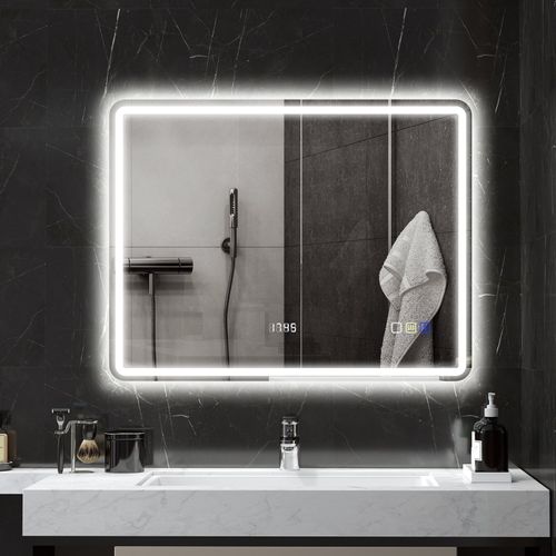 Miroir LED 70x90 Cm Avec Bluetooth, Horloge Et Lumière Anti-buée Pour Salle De Bain