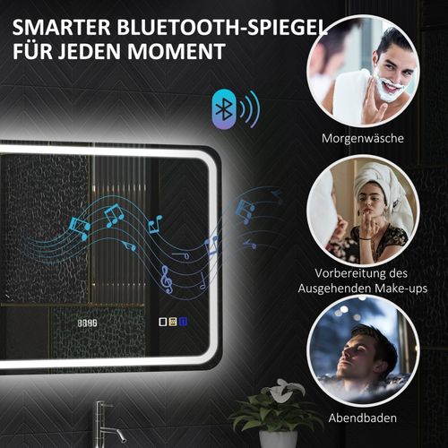 Miroir LED 70x90 Cm Avec Bluetooth, Horloge Et Lumière Anti-buée Pour Salle De Bain
