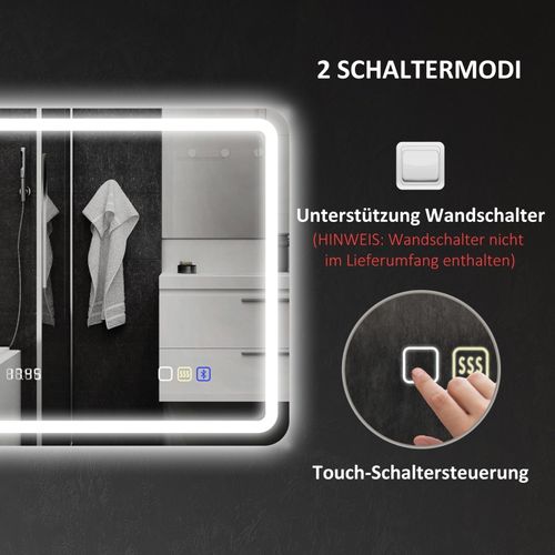 Miroir LED 70x90 Cm Avec Bluetooth, Horloge Et Lumière Anti-buée Pour Salle De Bain