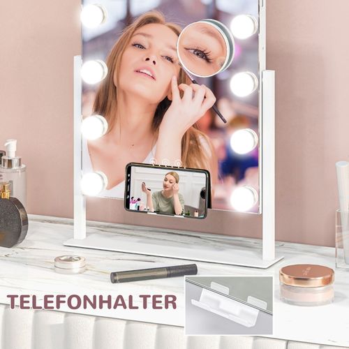 Miroir De Maquillage LED 37x46 Cm, 12 Lampes, 3 Couleurs De Lumière, Zoom 10x, Rotation 360°, Blanc