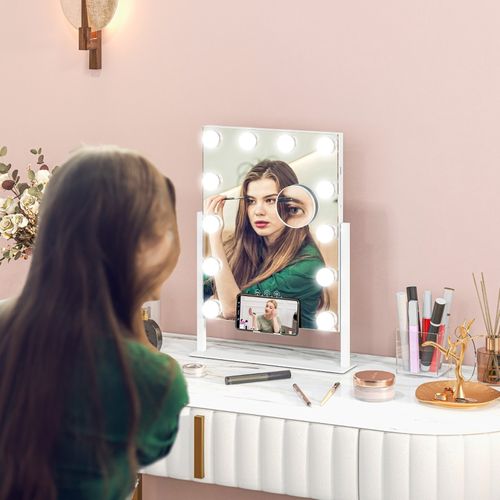 Miroir De Maquillage LED 37x46 Cm, 12 Lampes, 3 Couleurs De Lumière, Zoom 10x, Rotation 360°, Blanc