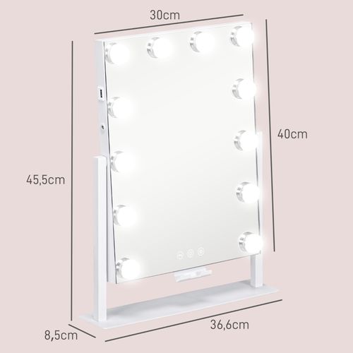 Miroir De Maquillage LED 37x46 Cm, 12 Lampes, 3 Couleurs De Lumière, Zoom 10x, Rotation 360°, Blanc