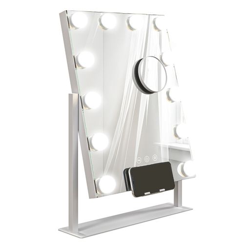 Miroir De Maquillage LED 37x46 Cm, 12 Lampes, 3 Couleurs De Lumière, Zoom 10x, Rotation 360°, Blanc