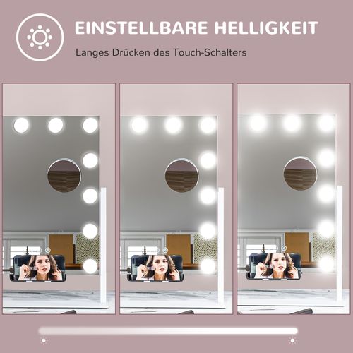 Miroir De Maquillage LED 37x46 Cm, 12 Lampes, 3 Couleurs De Lumière, Zoom 10x, Rotation 360°, Blanc