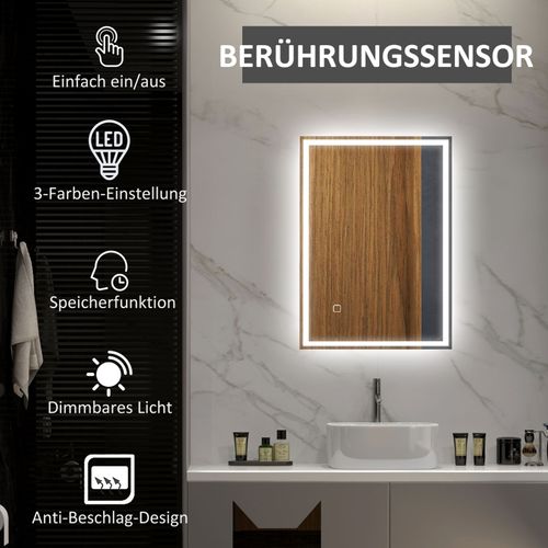 Miroir De Salle De Bain LED 70x50 Cm Avec Commande Tactile Et Éclairage 3 Couleurs