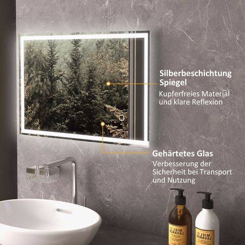 Miroir De Salle De Bain LED 70x50 Cm Avec Commande Tactile Et Éclairage 3 Couleurs