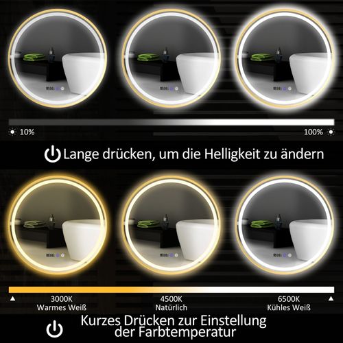 Miroir De Salle De Bain Rond 60x60 Cm Avec LED, Anti-buée, Tactile Et Affichage