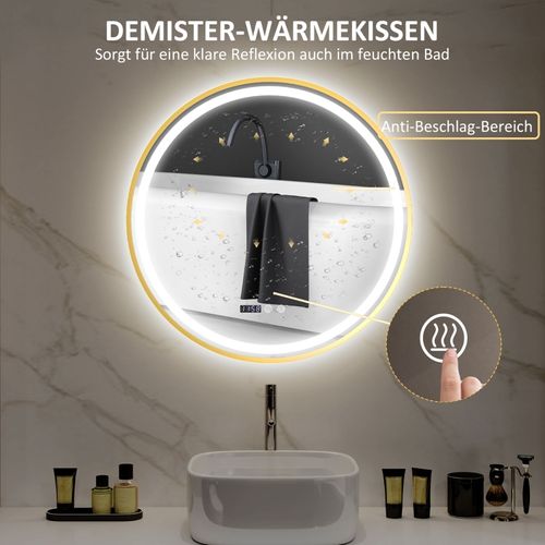Miroir De Salle De Bain Rond 60x60 Cm Avec LED, Anti-buée, Tactile Et Affichage