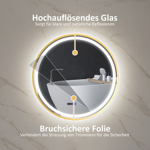 Miroir De Salle De Bain Rond 60x60 Cm Avec LED, Anti-buée, Tactile Et Affichage